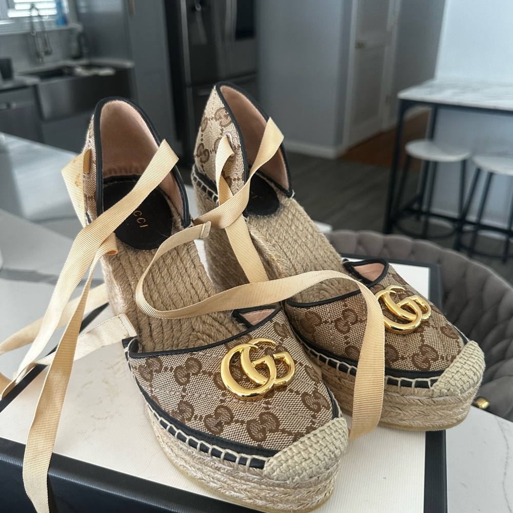 Gucci Beige Espadrille Wedges with Gold Accents